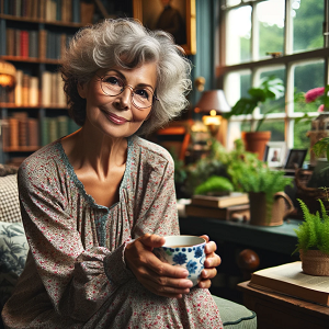 DALL·E 2024-01-07 14.08.26 - Evelyn is a 70-year-old retired teacher with kind eyes and a warm smile. She's sitting comfortably in a cozy, well-lit living room, surrounded by book