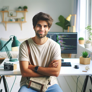 DALL·E 2024-01-07 14.13.29 - Raj is a younger-looking, more endearing 28-year-old tech enthusiast and emerging software developer. He's sitting at a clean, organized desk in a bri