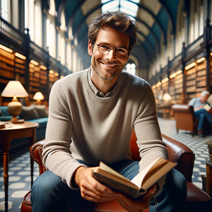 DALL·E 2024-01-07 14.26.24 - Liam is a 40-year-old history buff with a friendly and approachable demeanor. He's in a cozy, well-lit library, smiling as he holds an open book. He's