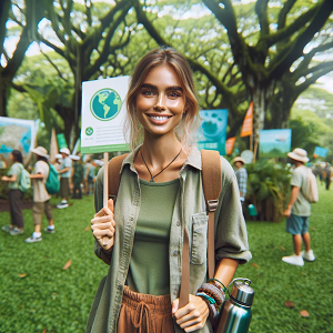 DALL·E 2024-01-07 14.31.38 - Zoe is a 29-year-old environmental activist with a passionate and energetic demeanor. She's in a lush, green park, surrounded by trees and holding a s