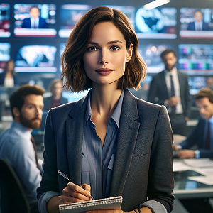 DALL·E 2024-01-07 14.41.47 - Sophia is a 30-year-old journalist with a curious and investigative nature. She's in a newsroom, surrounded by screens displaying breaking news. She h