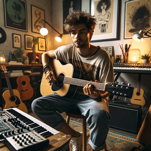 DALL·E 2024-01-07 14.45.24 - Alex is a 26-year-old musician with an artistic and relaxed style. He's in a home studio surrounded by musical instruments, including a guitar, keyboa
