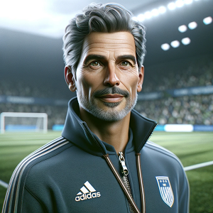 DALL·E 2024-01-11 10.25.49 - A photorealistic image of Carlos, a retired soccer player turned coach in his early 50s. He should have an athletic and energetic appearance, with a m