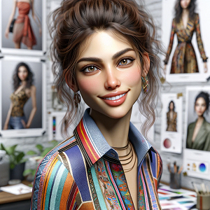 DALL·E 2024-01-11 10.51.27 - A photorealistic image of Aisha, a vibrant young fashion designer in her late 20s. She should exude style and trendiness, with a more pronounced and w