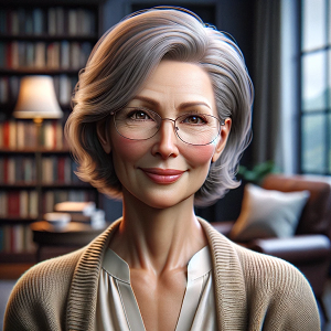 DALL·E 2024-01-11 10.55.22 - A photorealistic image of Sophia, a 60-year-old retired librarian, with a more pronounced and gentle smile to reflect her warm and welcoming personali