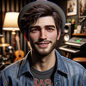 DALL·E 2024-01-11 10.56.48 - A photorealistic image of Liam, a 25-year-old aspiring musician, with a more evident and warm smile to convey his friendly and approachable personalit